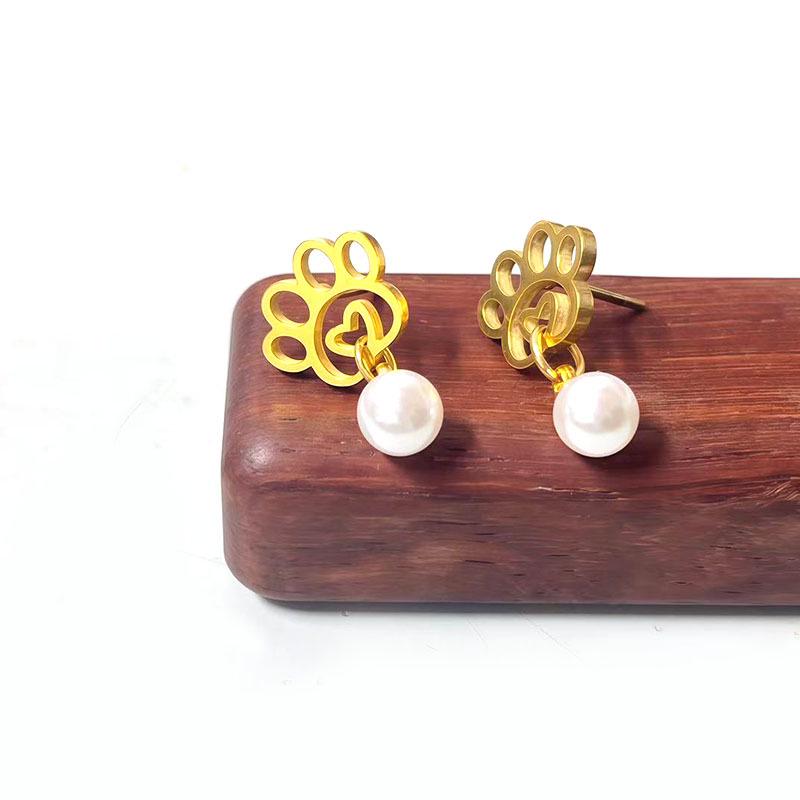 Stainless Steel Cartoon Dog Paw Pearl Stud Earrings