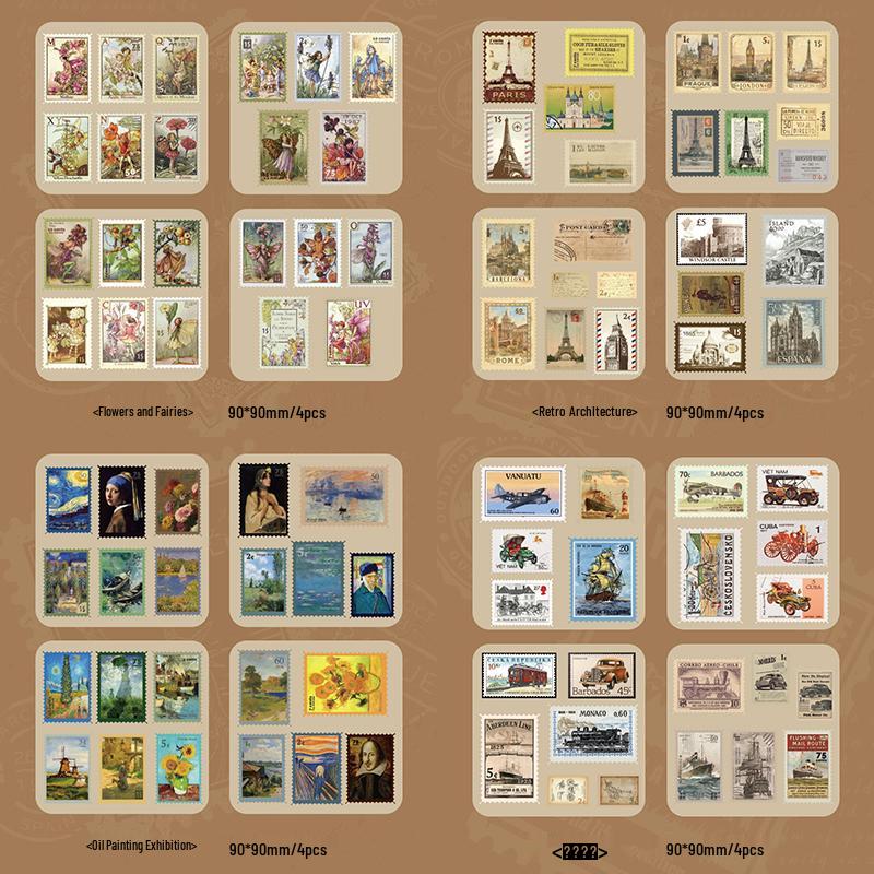 Vintage Literarische Zeitschriften & Postkarten Aufkleber: Amerikanische Briefmarken, Ölgemälde, Architektur des Dampfzeitalters