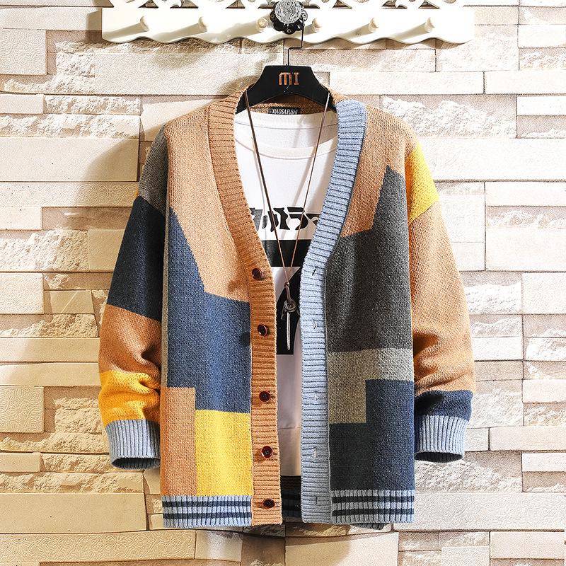 Men's V-Neck Knitted Cardigan Sweater - Autumn/Winter Fashion, Loose-Fit, Long-Sleeved, Stylish Stitch Design.