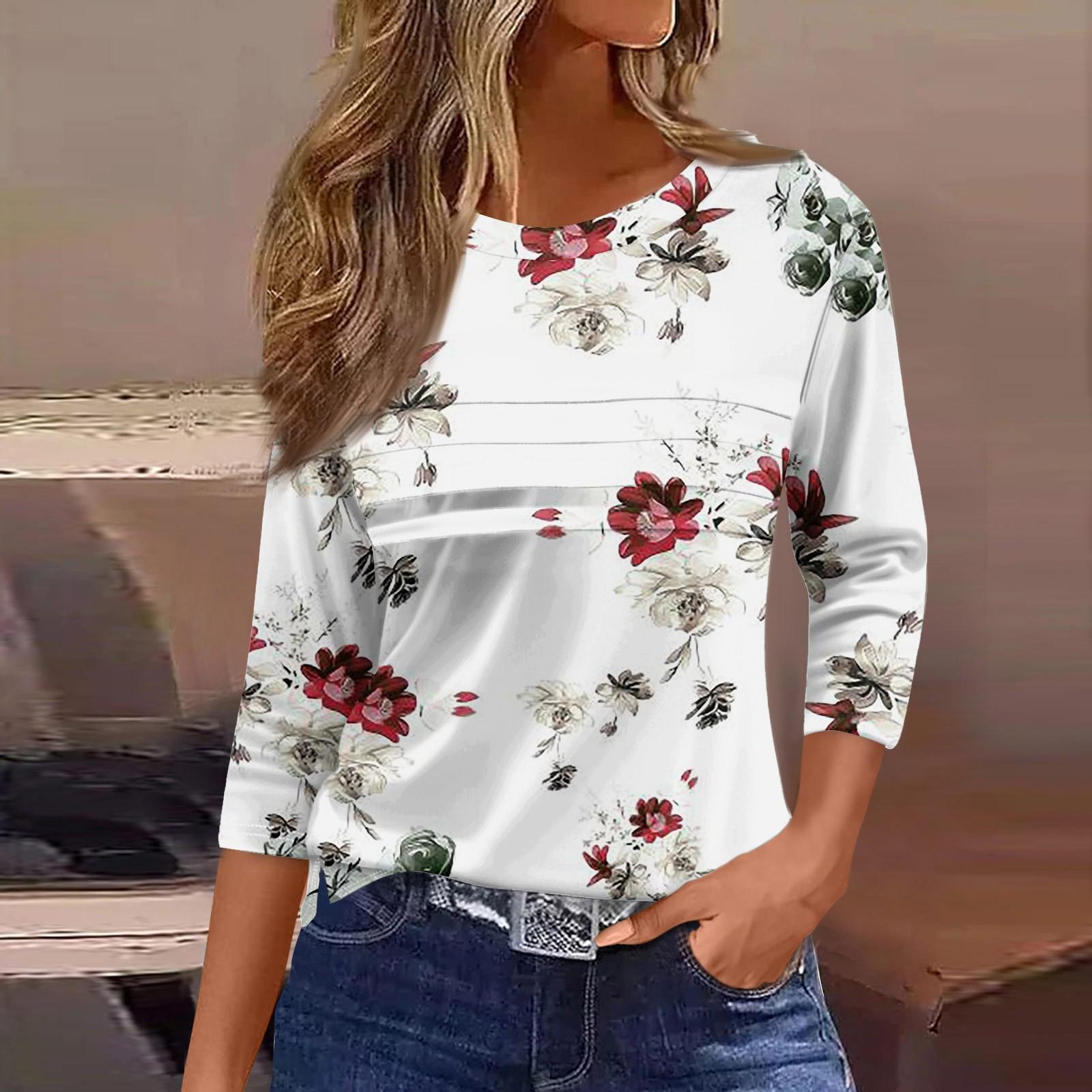 

T Shirts For Women Pleated Round Neck Dressy Casual Blouses Printing 3/4 Sleeve Summer Tops Loose Fit M белый