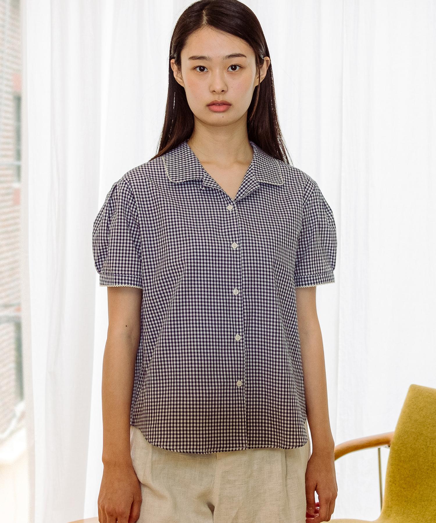Cotton Bell Lace Point Check Shirt - Navy Check Navy Check/Free