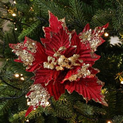 New 26CM Artificial Poinsettia Flower Glitter Sparkling Simulation Flowers Sequins Christmas Glitter Flower New Year Festival