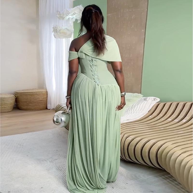 2026 Elegant One-Shoulder Pleated Waist-Cinched Lace-Up Long Sleeve Dress for Women