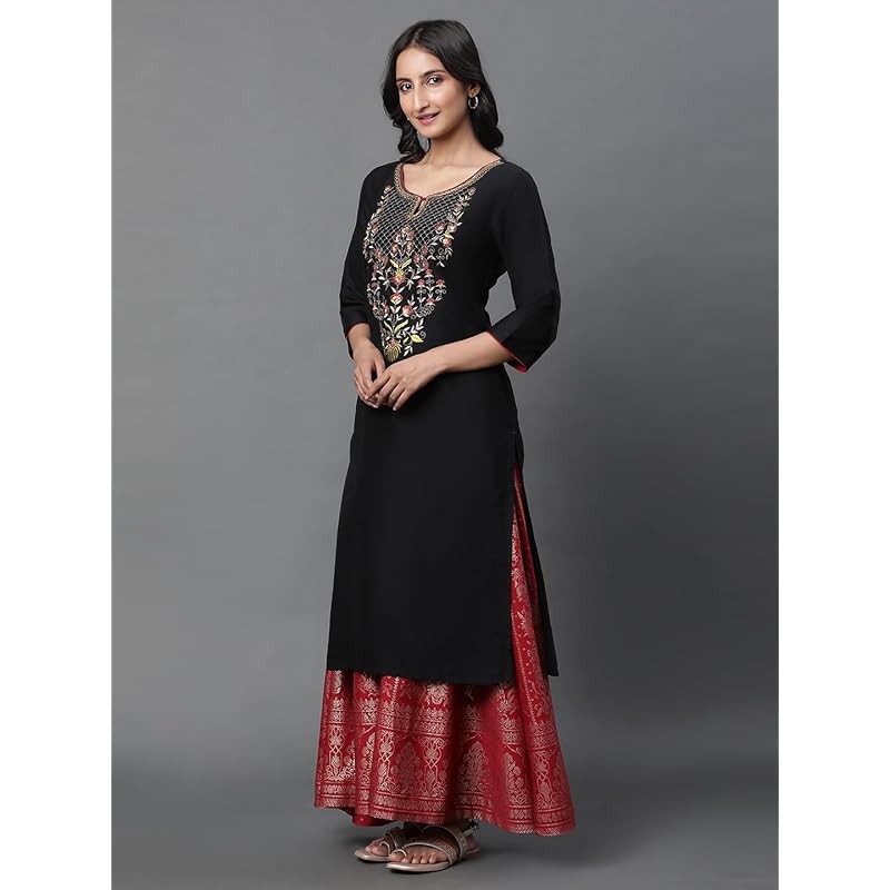 Aurelia Black Embroidered Blend Long Kurta with Sequins XS