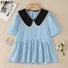 VONDA Summer Women Summer Laple Neck Splicing Polka Dot Short Sleeve Casual Blouse Tops