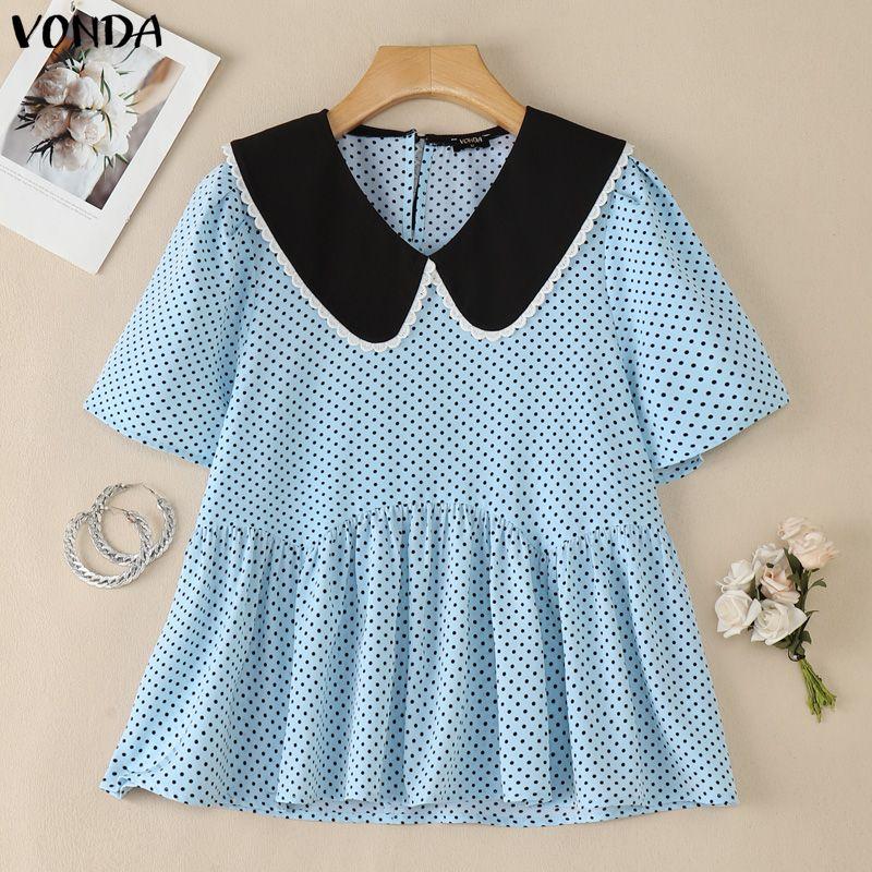 VONDA Summer Women Summer Laple Neck Splicing Polka Dot Short Sleeve Casual Blouse Tops