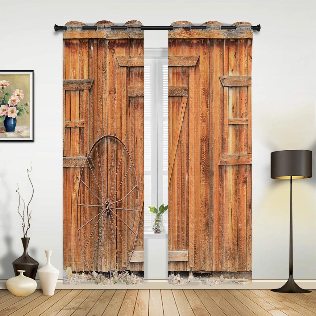 Door Stone and Brick Vintage Window Curtain Drapes Home Decor Living Room Spaces Curtains Kids Room Cortinas Wooden Brown For Kitchen Spaces Bedroom