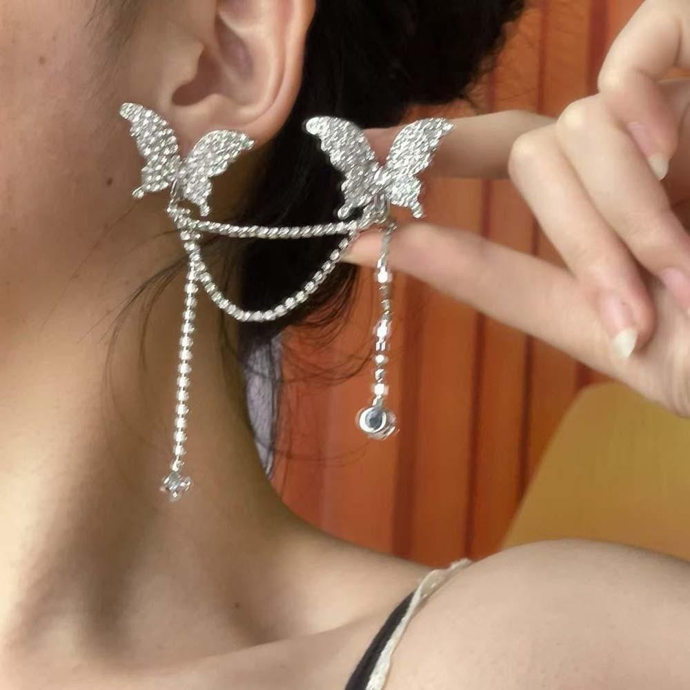 1 pair Zinc Zinc Alloy Silver Tassel Ear Clip Long Shiny Temperament Eardrops  Holiday