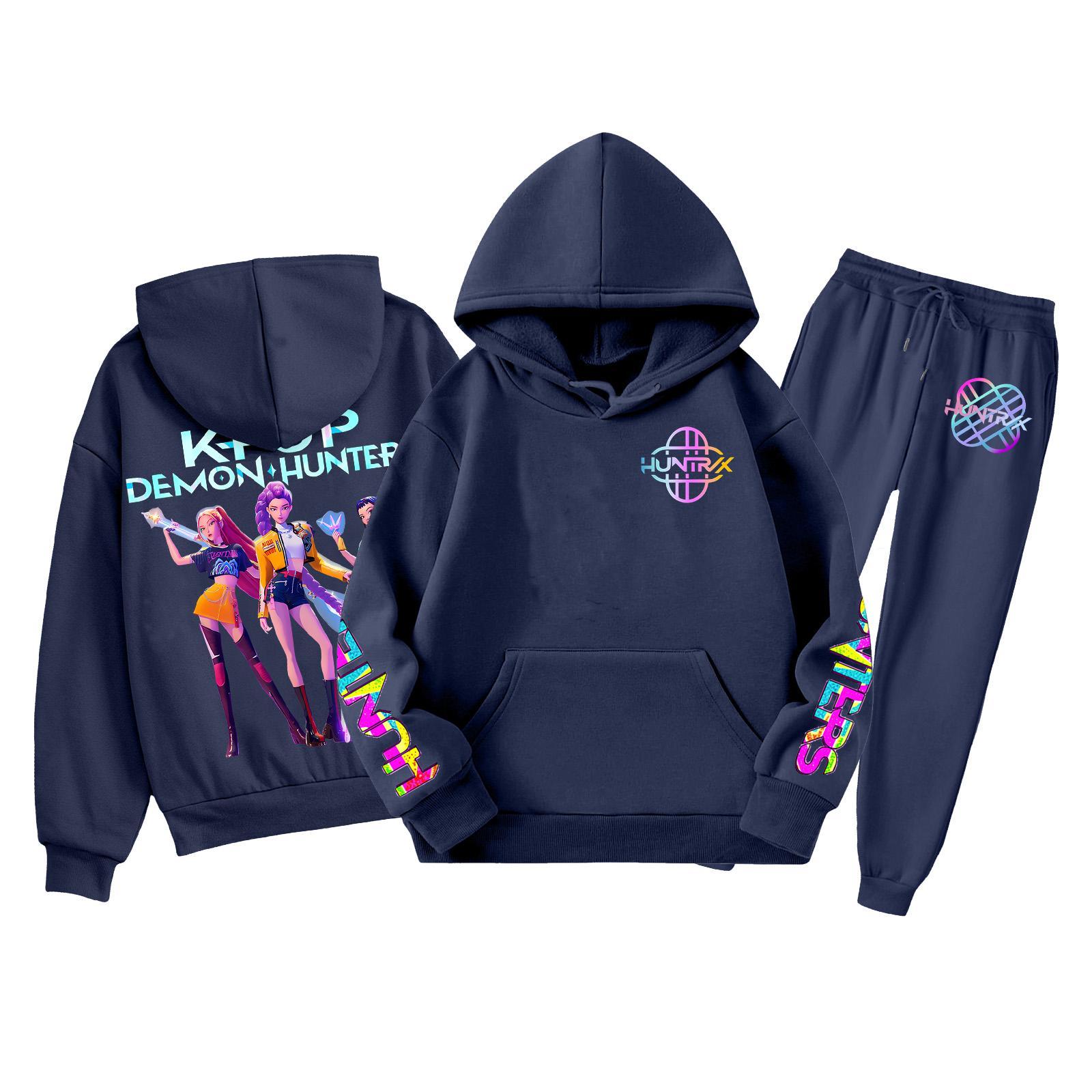 

Children s Fashion Long Sleeve Hooded Sweatshirt Sweatpants Print Pocket Sweatshirt Set 110 тёмно-синий