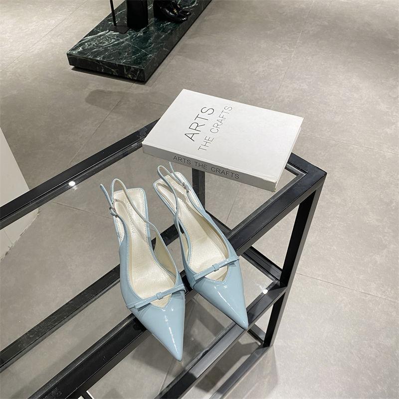 Pointed High Heels Niche Temperament Single Shoes Women's 2025 New Patent Leather Bow Sweet Thin Middle Heel Bag Head Sandals