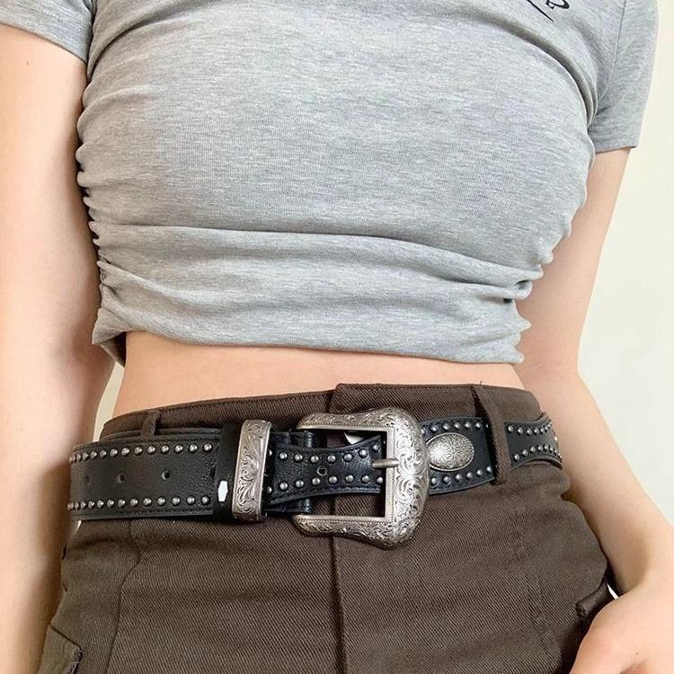3.8x115cm PU Vintage Waistband Adjustable Alloy Black Y2K Belt Waist Seal Wide Strap Buckle Cool Black Rivet Belt