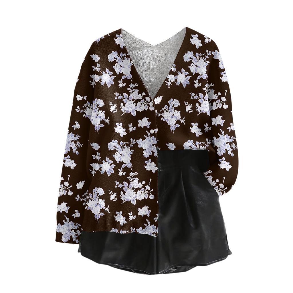 Women's V Neck Top Printing Thickened Plush Cashmere Warm Long Top