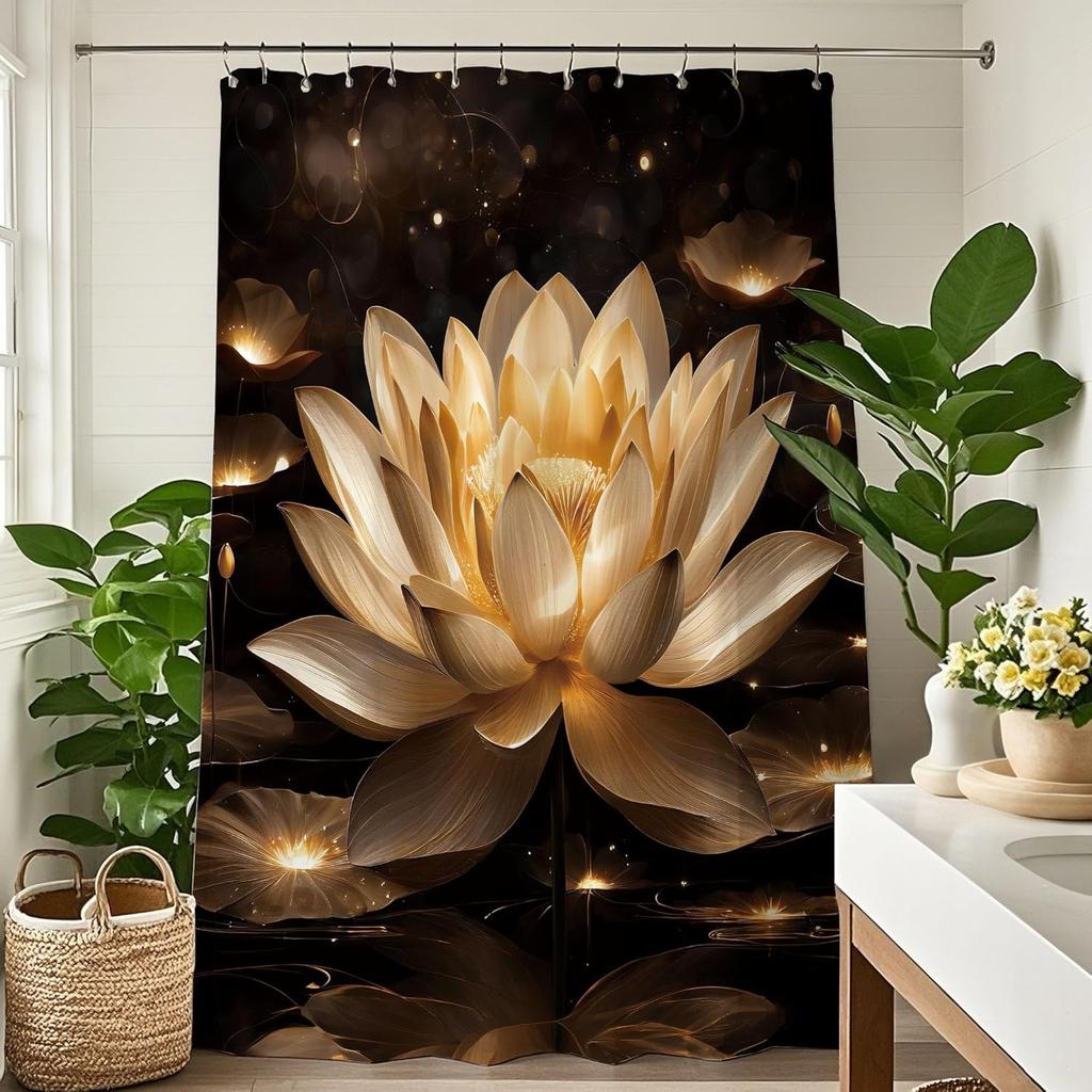 Black Gold Floral Lotus Shower Curtain Spa Zen Shower Curtains Set for Bathroom Modern Aesthetic Flower Bath Curtain Yoga Medita