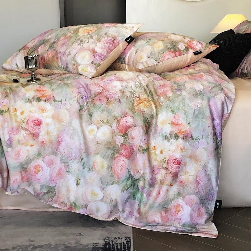 French Pastoral Oil Painting Style 100S Pure Cotton Satin Long-Staple Cotton Four-Piece Digital Printing Bedding