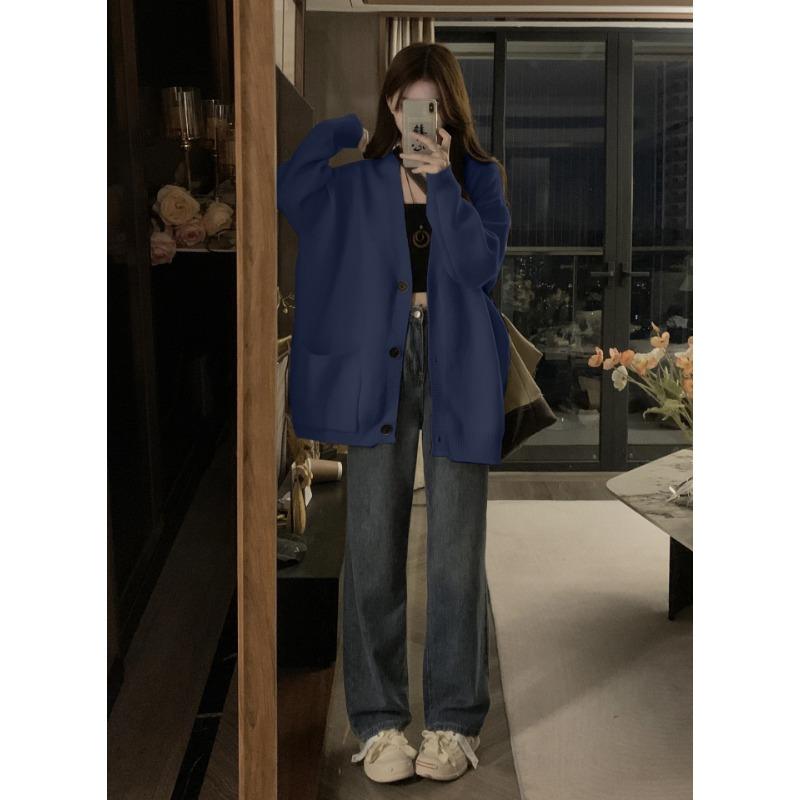 Weicher wachsartiger lässiger Windpullover Cardigan Damen Frühling und Herbst neu hochwertig V-Ausschnitt dünner Strickmantel