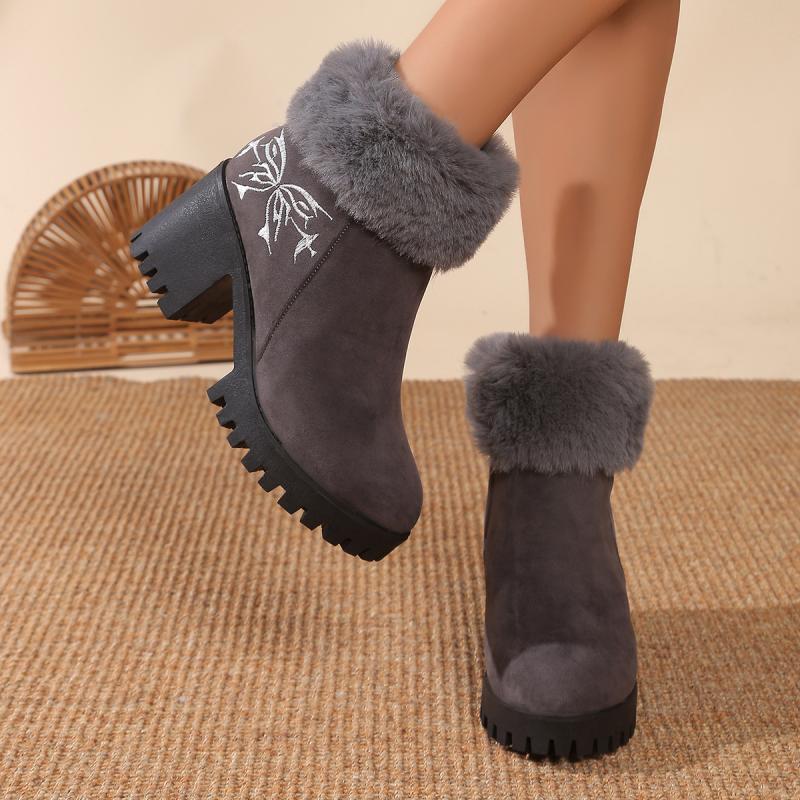 Chunky Platform High Heel Furry Ankle Boots Women 2025 Winter Non Slip Thick Bottom Suede Snow Boots Butterfly Embroidery Shoes