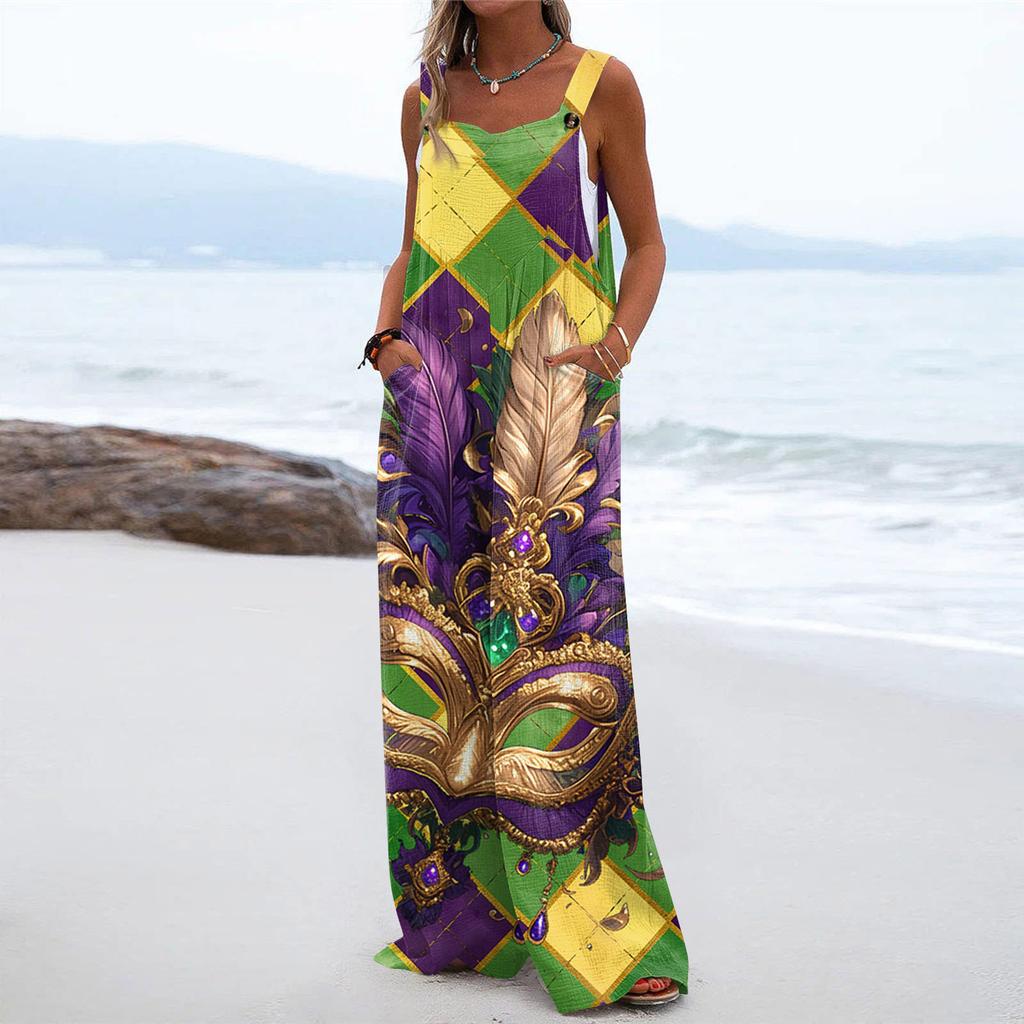 Wide Leg Overalls For Women Casual Loose Sleeveless Print Button Long Pant Romper Jumpsuit With Pockets