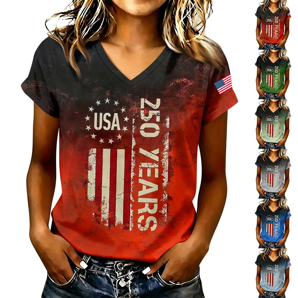Women’s V Neck Short Sleeve Casual Letter Print T Shirt Top with USA 250 Years Graphic for Everyday Wear
