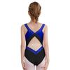 Girls Sparkly Rhinestones Leotard Gymnastics Costume Color Block Sheer Mesh Patchwork Sleeveless Bodysuit