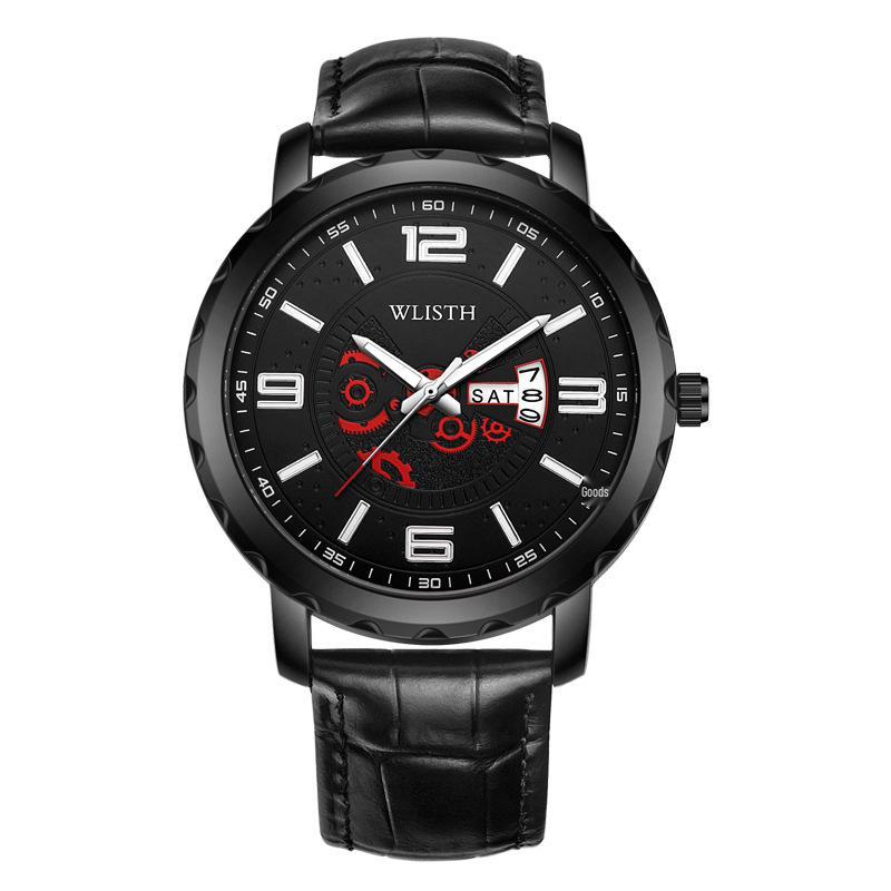 Brand Men s Dual Calendar Waterproof Leather Quartz Watches