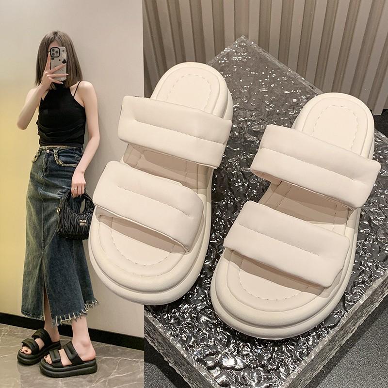 Summer 2023 Chunky Sandals Women's Thick Bottom Wedge Heels Slides 8CM High Heels Platform Leather Casual Beach Flip Flops Woman