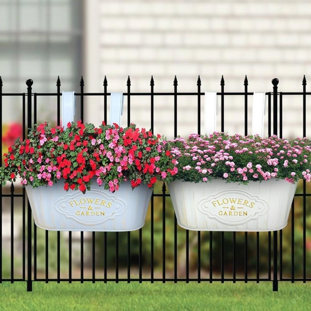 Drain Holes Over Fence Hanging Pots Dual Hooks Flower Holder Metal Flower Pot  Window