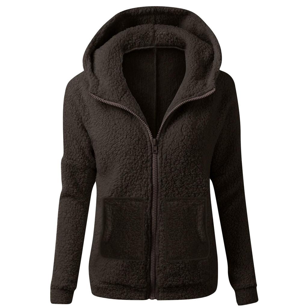 Women's Fashion Solid Colour Sweatshirt Loose Hooded Plush Zip Up Jacket Top
