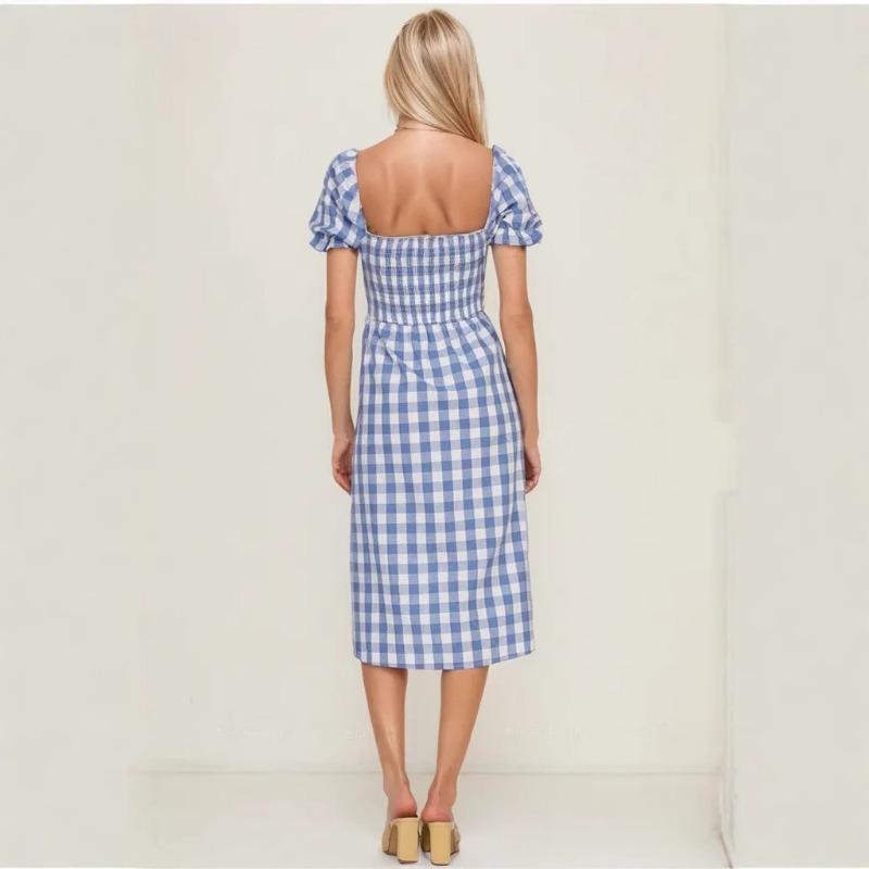 Damen Frühling Sommer Sexy Schlitz Quadrat Kragen Plaid Kurzarm Kleid