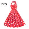 Women Vintage Dress 50s Retro A-line Big Swing Sleeveless Dot Print Contrast Color Elastic Bust Halter Neck High Tight Waist Backless Knee Length