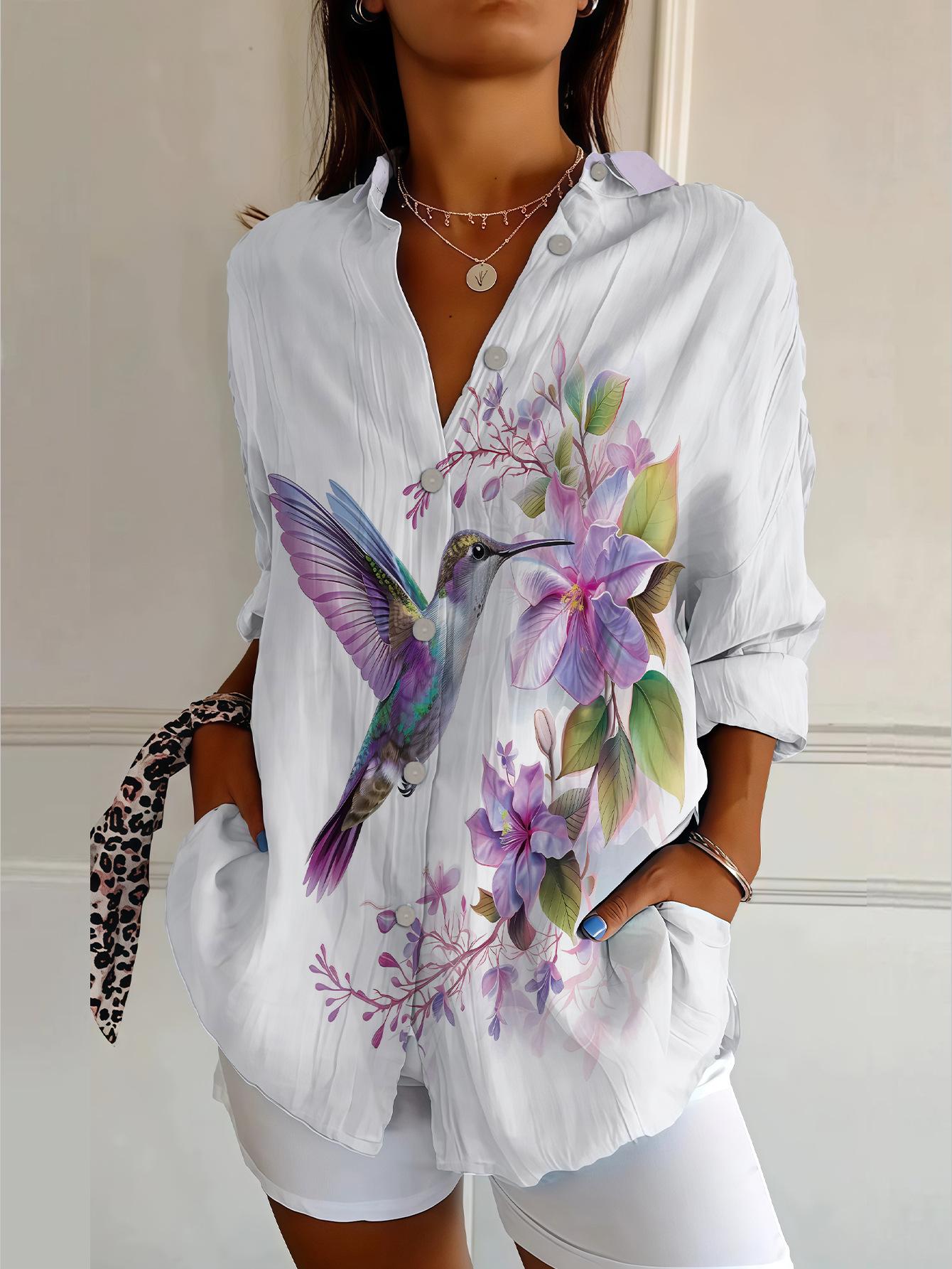 L Women s long-sleeved button-up shirts, floral women s button-up shirts are casual and comfortable S