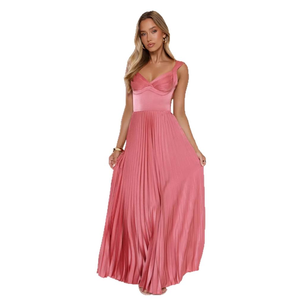 Spring and Summer, Europe and The United States New Solid Color Pleated Suspender Mid-waist Fashion Temperament Pendulum Dress 116