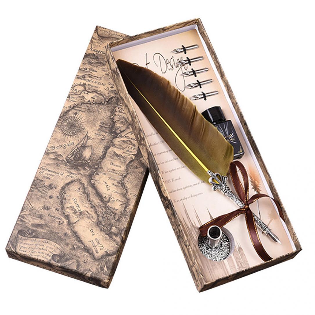 Retro mit 5 englischen Kalligraphie-Federfedern und Quill-Briefpapier als Geschenk Yellow