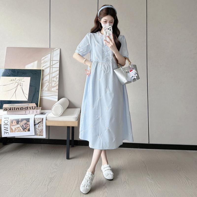 2026 Summer Bow Embroidered Cotton Maternity Dress M