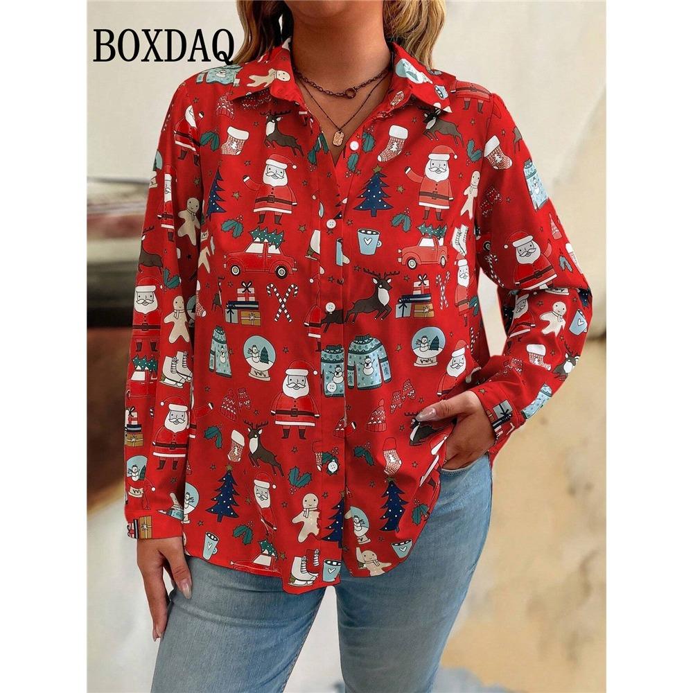 New Christmas Snowflake Theme Blouse Women's 3D Printed Gradient Fashion Long Sleeve Shirts Casual Blouse For Party Button