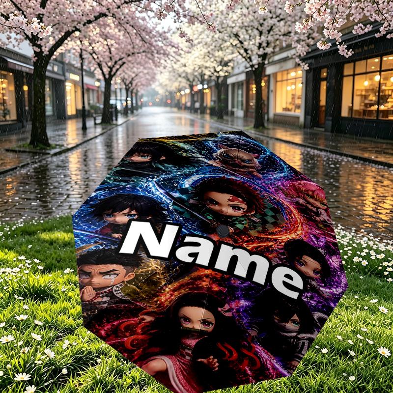 Custom Name Personalized Demon Slayer Print Umbrella, Auto Open Close, 8‑Rib Sturdy Frame, Commute Camping Hiking Use, Birthday Gift