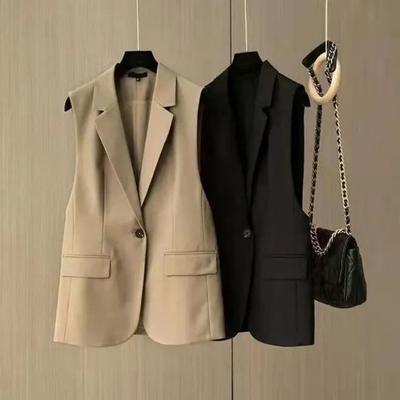 Summer Women Blazer Coat Solid Color Sleeveless Turn-down Collar Temperament Suit Jacket Long Vest for Female