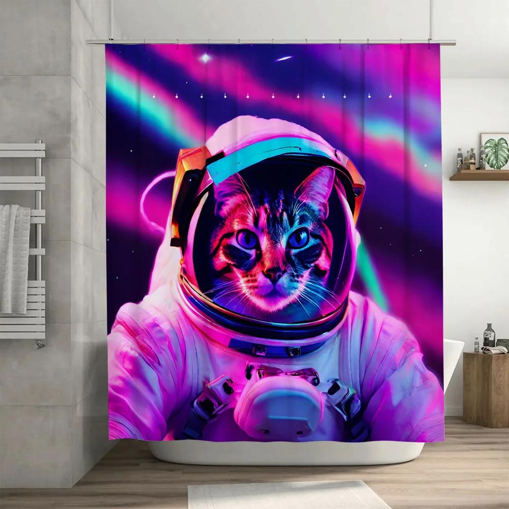 Space Explorer Cat Bath Mat Astronaut Shower Curtain Neon Purple Pink Blue Galaxy Space Decor For Bathroom Perfect Gift Ideas Fo