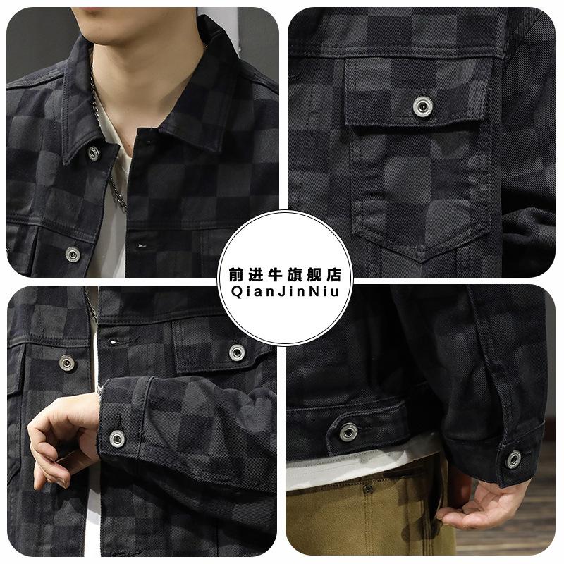 Modna Markowa Kurtka Jeansowa w Kratę Retro Męska Luźna Duży Rozmiar Amerykańska Kurtka Robocza High-Endowy Denim