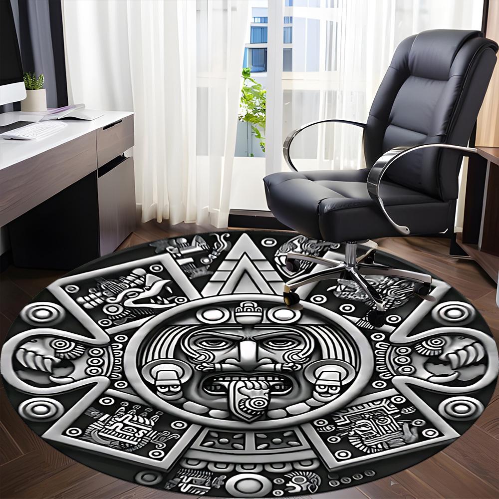 1pc Aztec Calendar Stone Office Round Area Rug, Under Office Chairs Bedroom Living Room Home Decor, Room Deco
