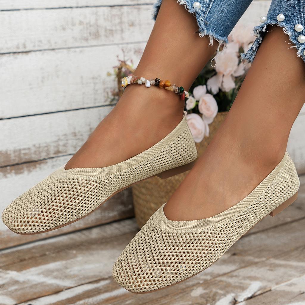 New Fashion Square Knit Breathable Flat Sole Single Shoes Solid Light Mesh Fly Knit Lazy Work Shoes Flat Shoes