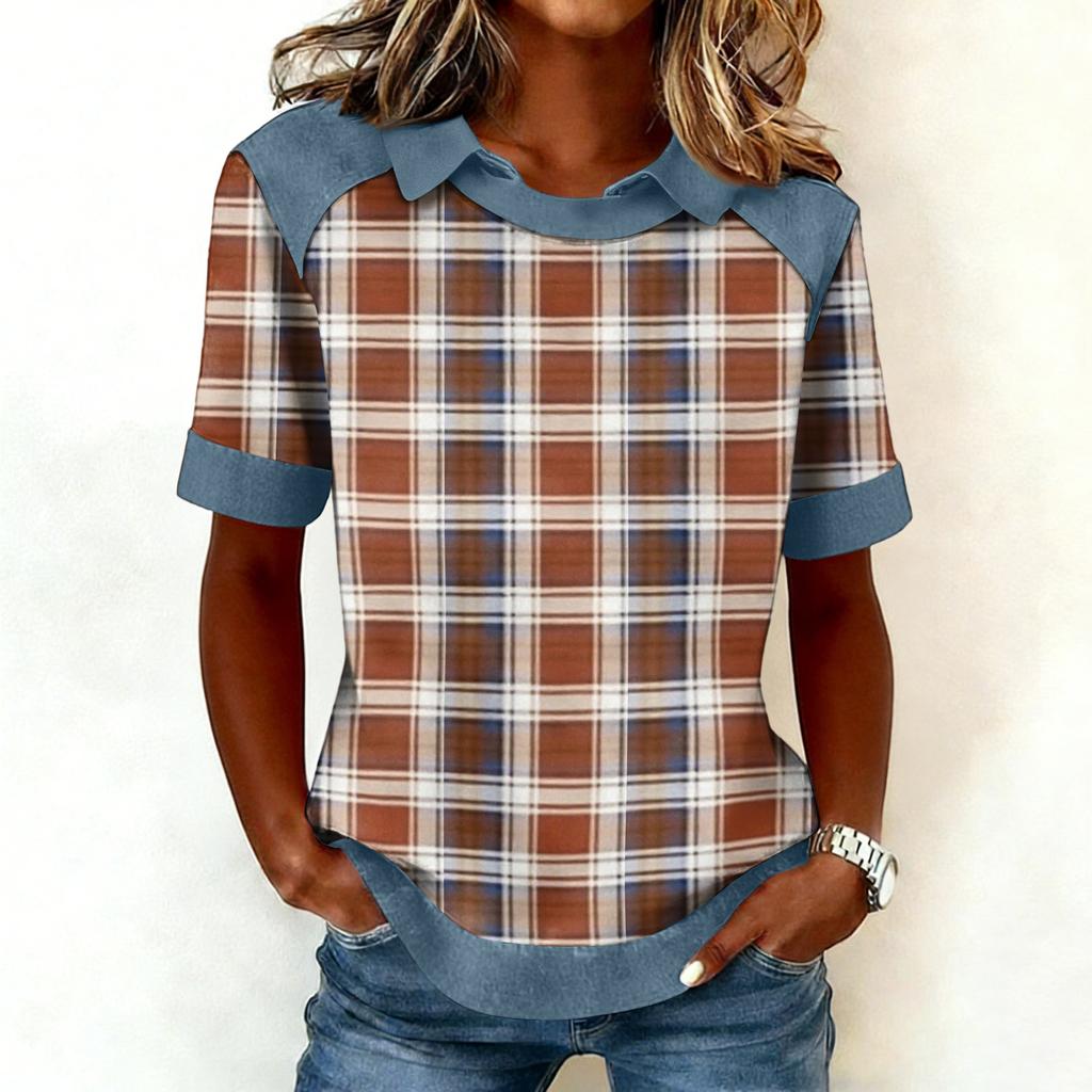 Women's Fashion Collar Cowboy Splicing Sweatshirt Casual Printed Hoodie Short Sleeve Shirt Top