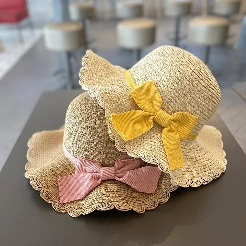 Kinderhut für Mädchen 2-7 Jahre Stroh Kinder Sonnenschutzkappe Tasche Sommer Baby Reise Sonnenschutz Strandhut Sonnen Fischerhut Modischer Stil