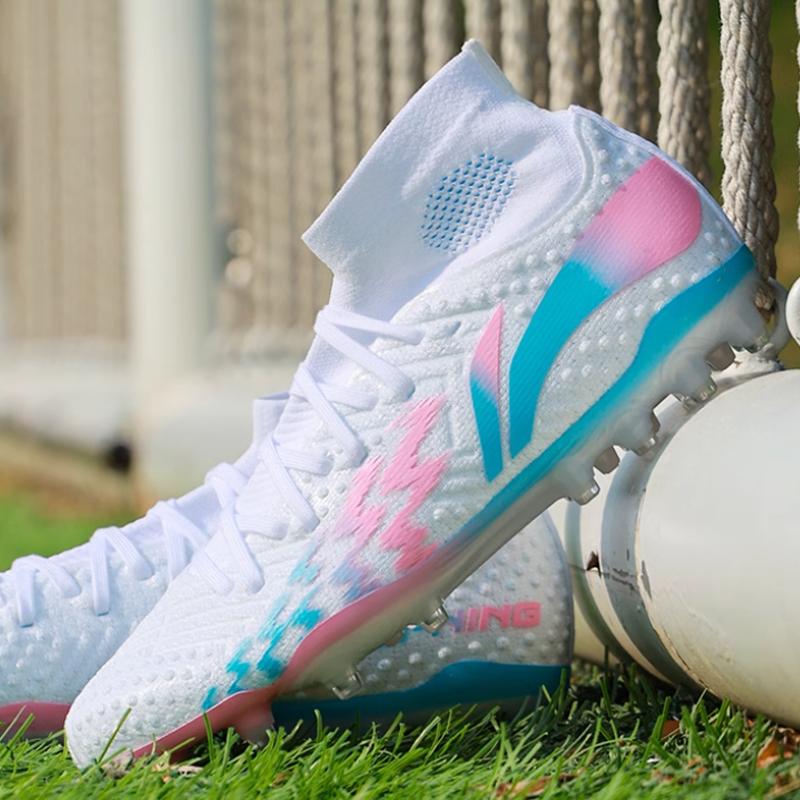 Li Ning Comfortable And Breathable MG Soft Ground Football Shoes Men Football Shoes White Blue Pink YSFU013-7