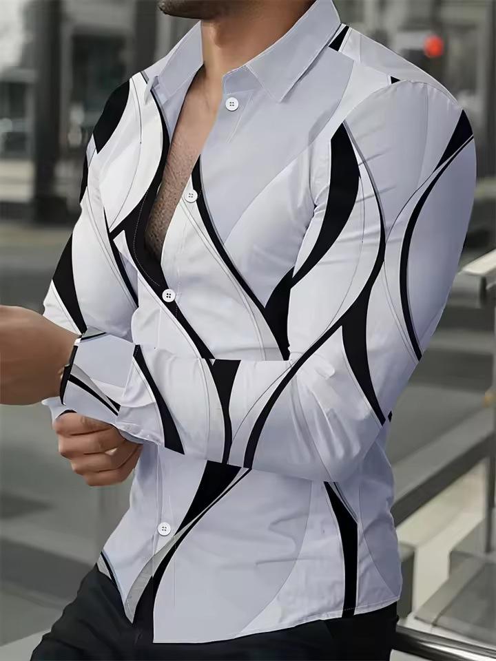 Men's Shirt Fashion Vintage Street Texture Print Shirt Men's Long Sleeve Lapel Shirt