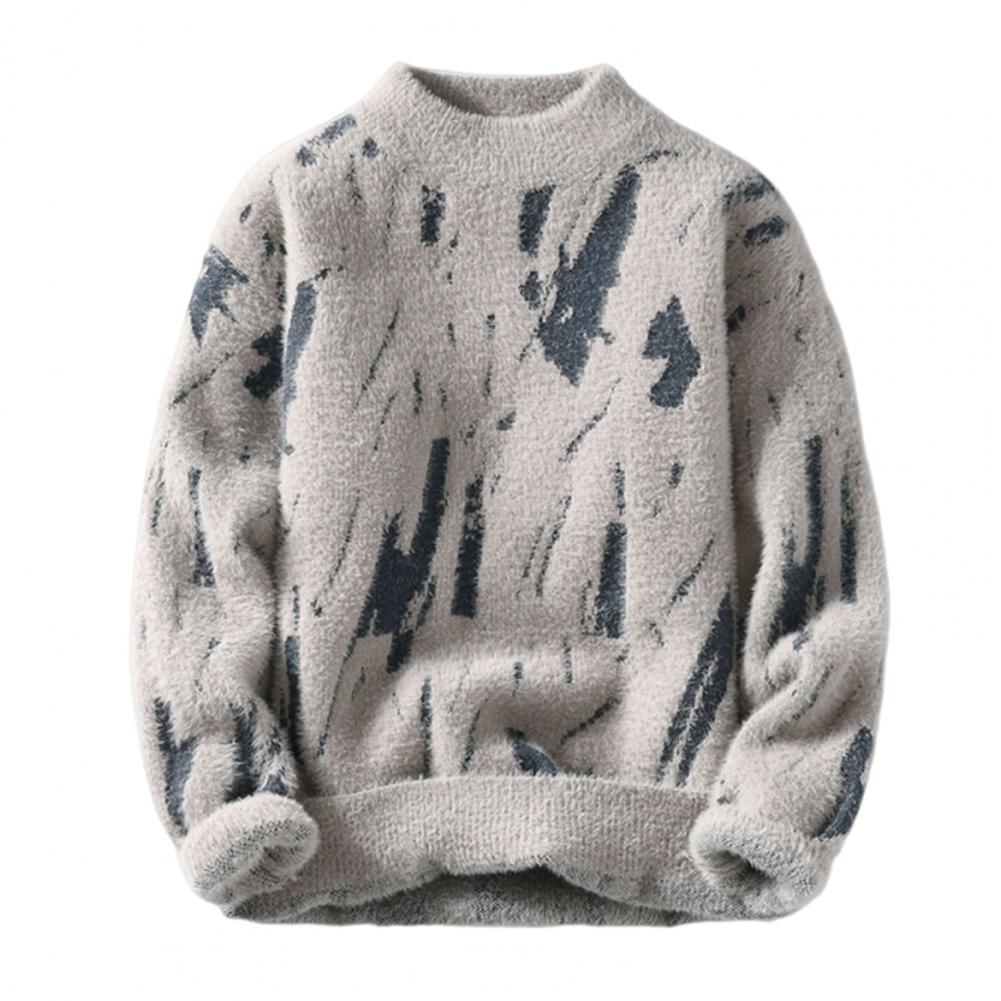 Men Winter Sweater Contrast Color Graffiti Thick Plush Half-high Collar Elastic Knit Long Sleeves Daily Wear School Dating Sweat