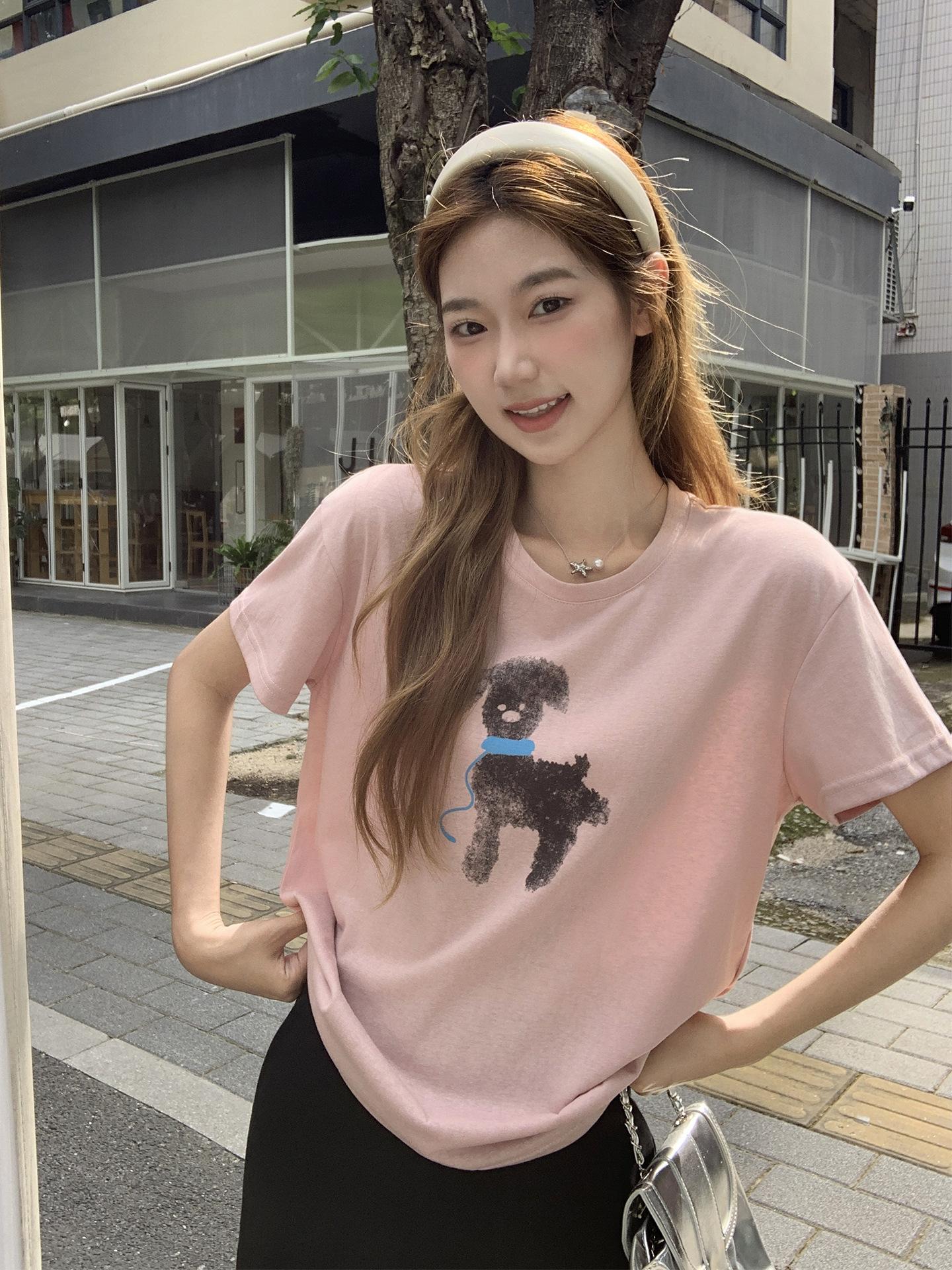 

Printed cartoon puppy gray round neck front shoulder lazy wind thin short-sleeved T-shirt summer new simple versatile top S