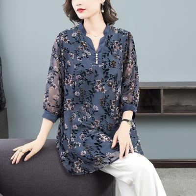 Vintage Elegantní Tištěná Chic Prolamovaná Šifonová Midi Halenka Dámské Oblečení Jaro Léto 3/4 Rukáv Ležérní Knoflíková V-Výstřih Košile
