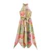 2025 Spring Women's European & American Style Stand-Up Collar Irregular Waist Long Dress