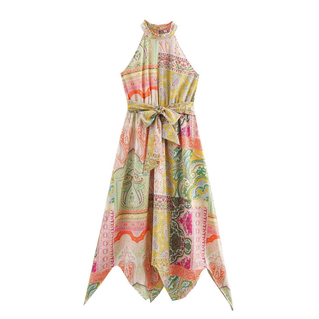 2025 Spring Women's European & American Style Stand-Up Collar Irregular Waist Long Dress