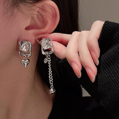 Asymmetrical Statement Drop Earrings for Women Punk  Color Square Rhinestones Heart Long Dangle Earrings Fashion Jewelry